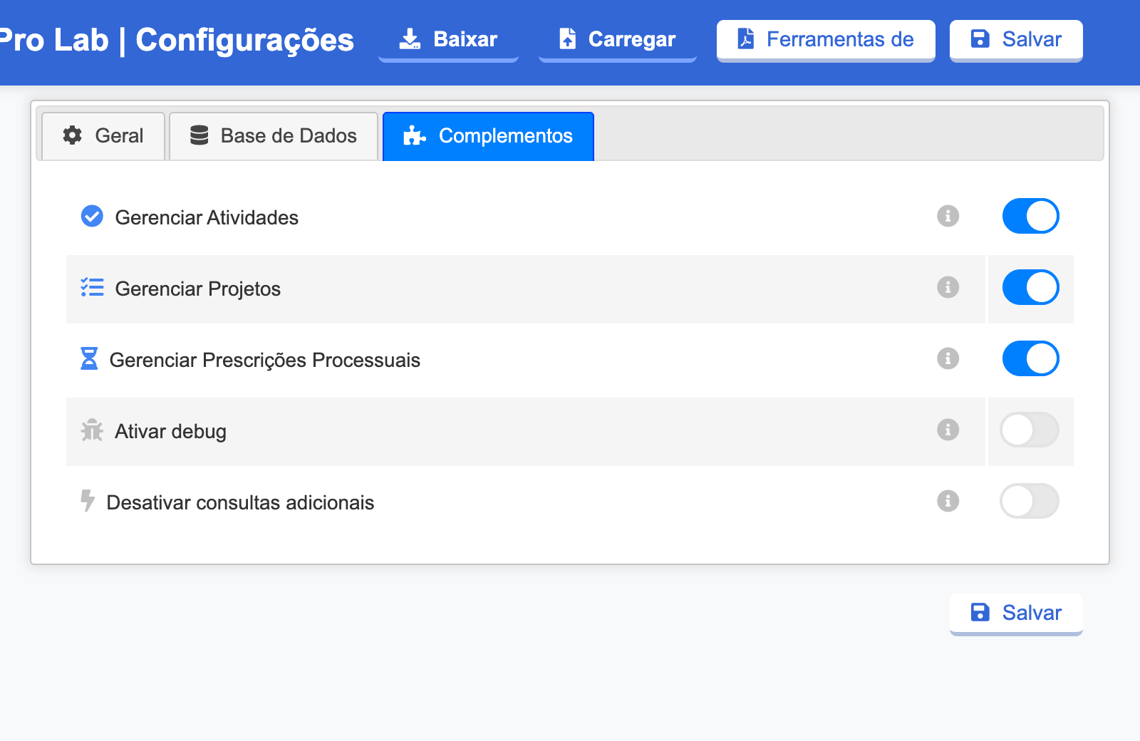 Tela Desativar consultas adicionais