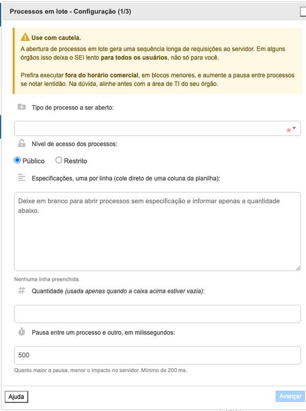 Tela Processos em Lote